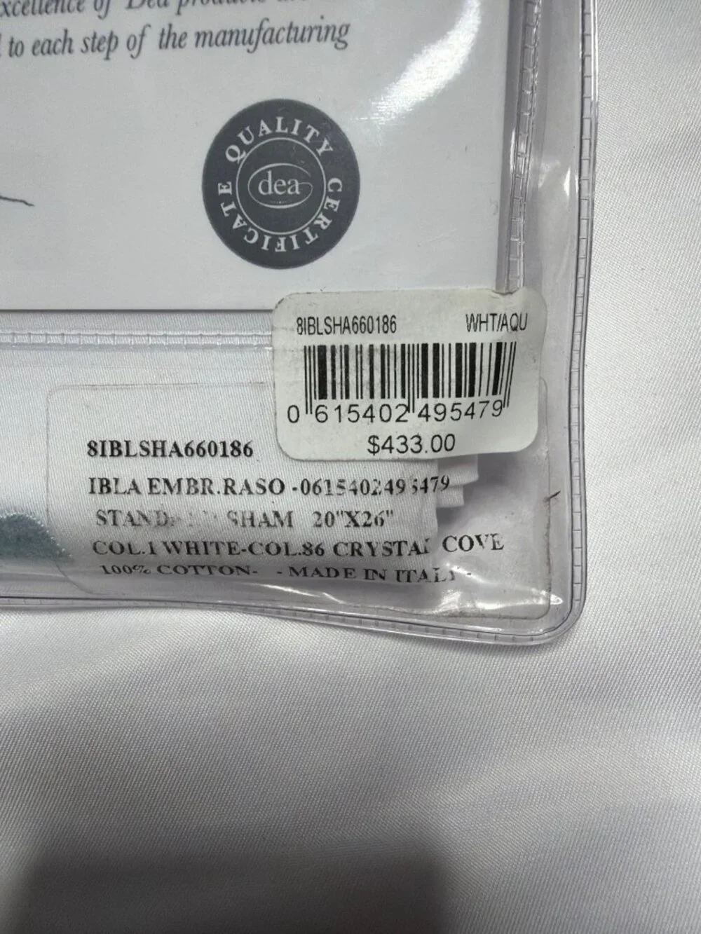NWT Dea Linens Ibla Embroidery Sham White /Aqua Standard Sham
